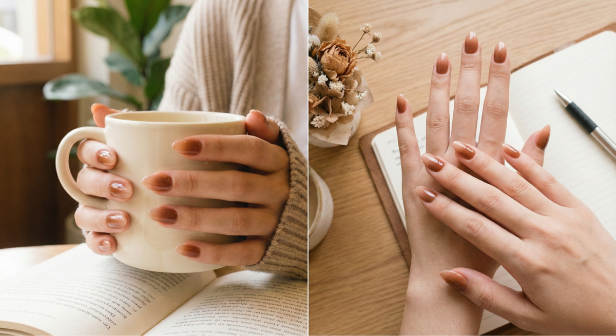 焦糖棕漸層透過裸粉至焦糖色的柔和過渡，視覺上延長手指，打造修長顯白且自帶紅潤氣色的唯美雙手。