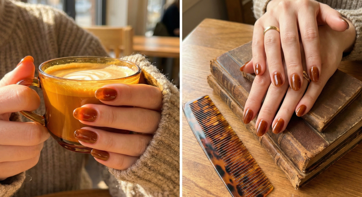 琥珀焦糖棕光療利用高光澤暈染打造如液態琥珀般的溫潤透亮，呈現出充滿秋意與復古摩登的深邃質感。