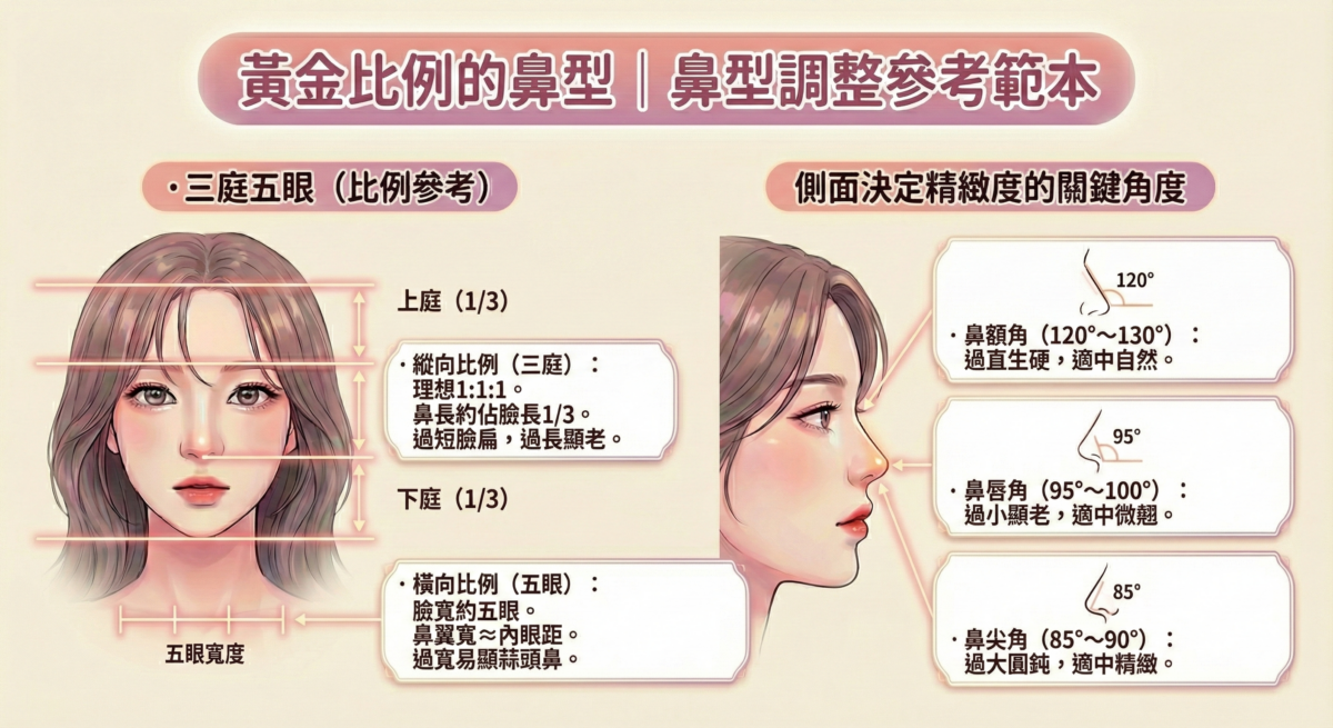 理想的鼻型調整應同時符合三庭五眼比例與側面關鍵角度，在長度、寬度與線條上取得平衡，才能讓鼻子自然精緻、立體耐看。