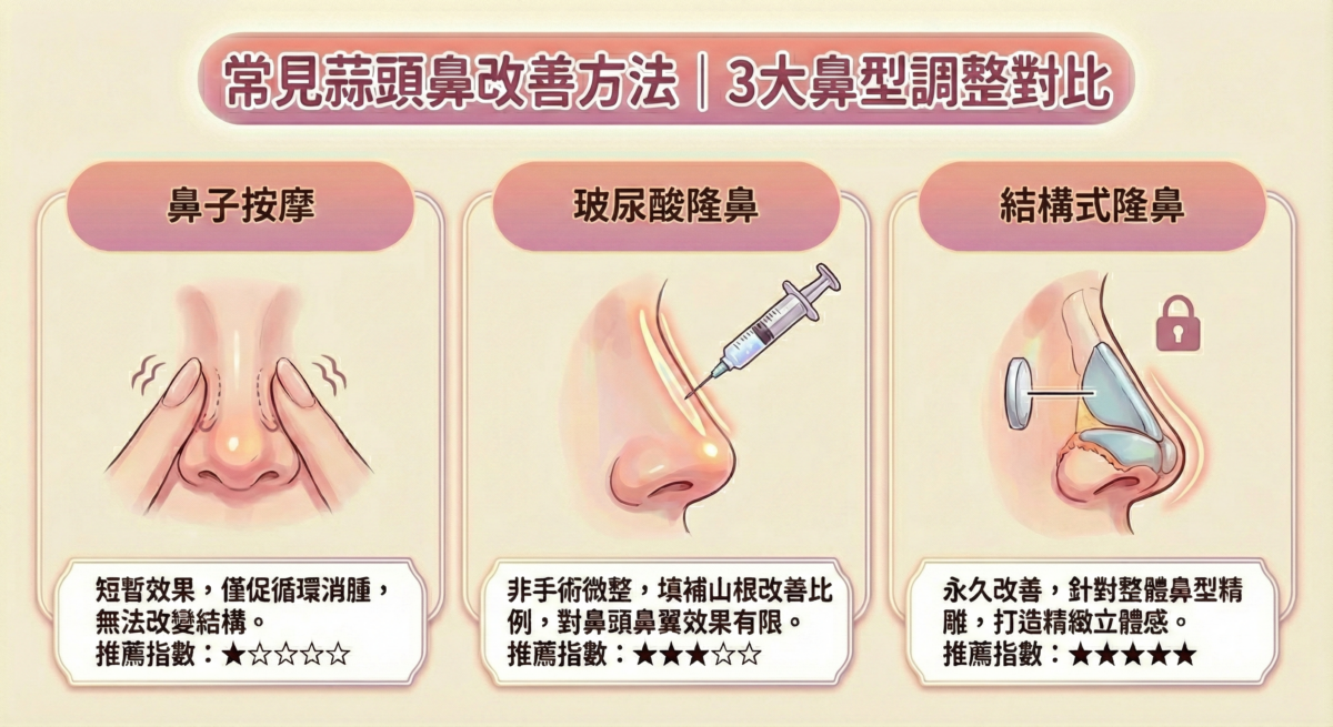 蒜頭鼻改善方法圖表，列出三種方法與推薦指數：鼻子按摩、玻尿酸隆鼻以及結構式隆鼻。