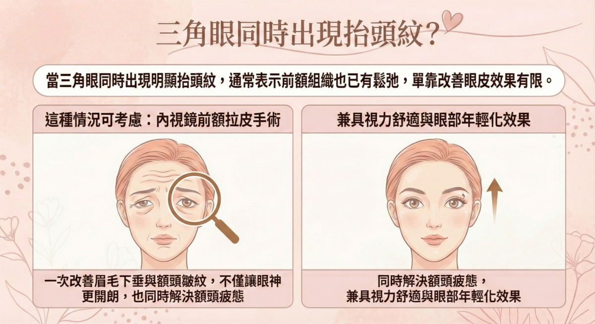 三角眼若合併明顯抬頭紋，多代表前額整體鬆弛，單做眼皮改善有限，可考慮內視鏡前額拉皮，同時改善眉毛下垂與額頭皺紋，讓眼神更開朗有精神。