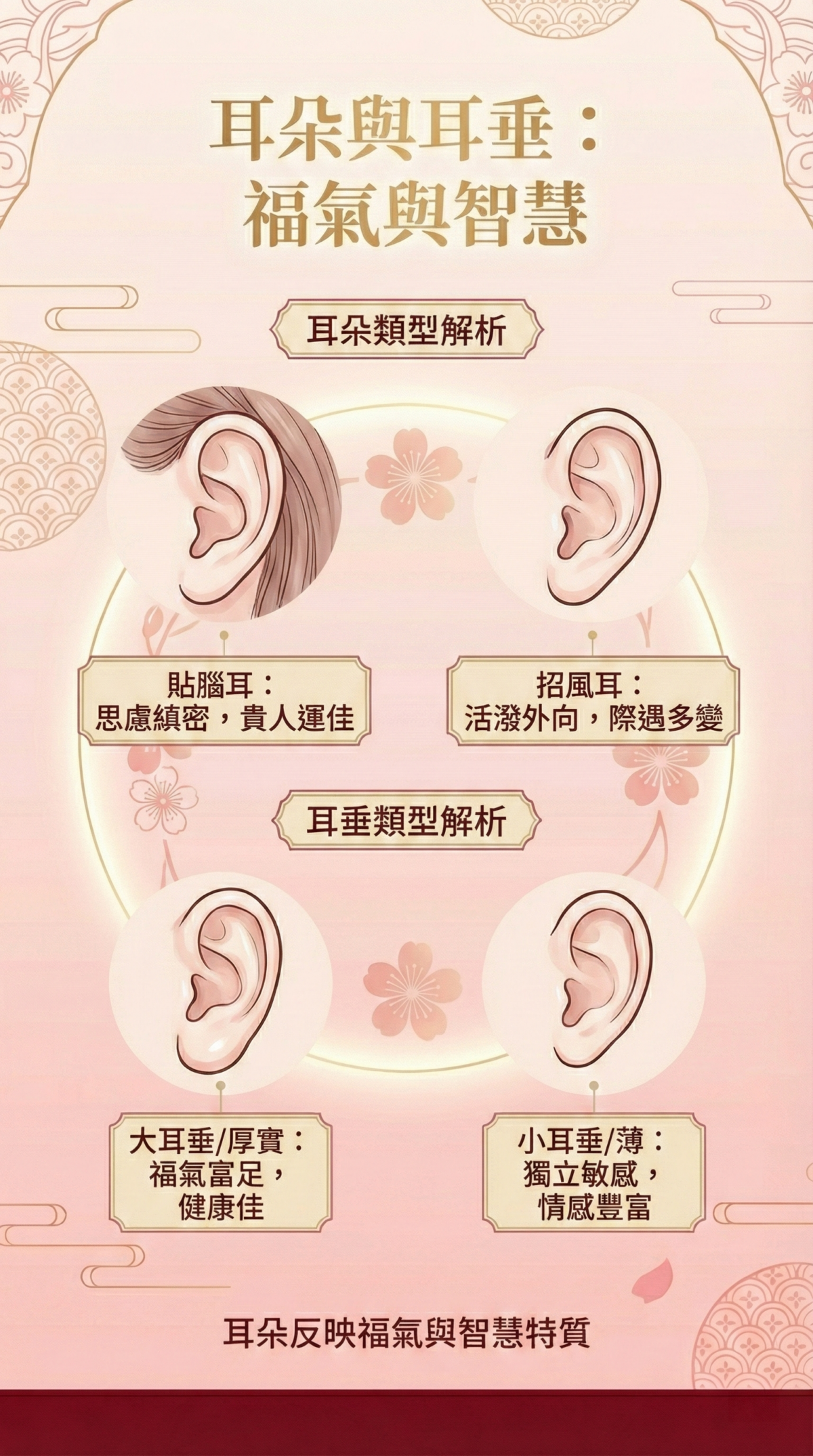 耳朵與耳垂反映福氣與智慧：貼腦且耳垂飽滿象徵健康、運氣佳與貴人運旺，不同耳型也反映性格與生活狀況。