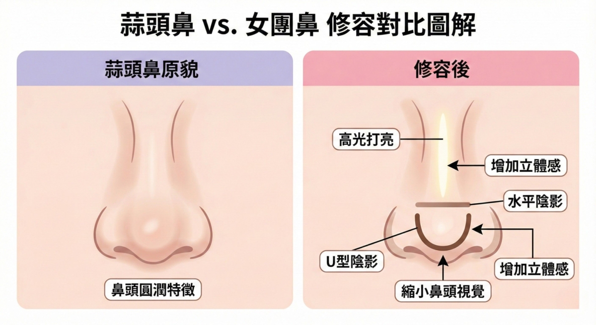 一張關於蒜頭鼻變身女團鼻的修容對比圖,解析如何透過「鼻樑高光」、「鼻尖水平陰影」與「U型鼻頭陰影」三大技巧,有效縮小圓潤鼻頭並提升五官立體度。