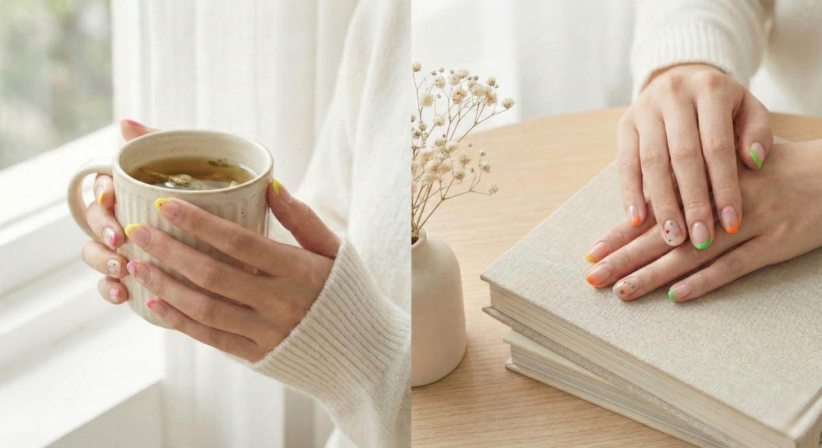 瑩光色系法式指甲以超細螢光線條搭配乾淨底色,展現充滿活力的潮流型格,是亮眼與簡約優雅並存的知性之選。