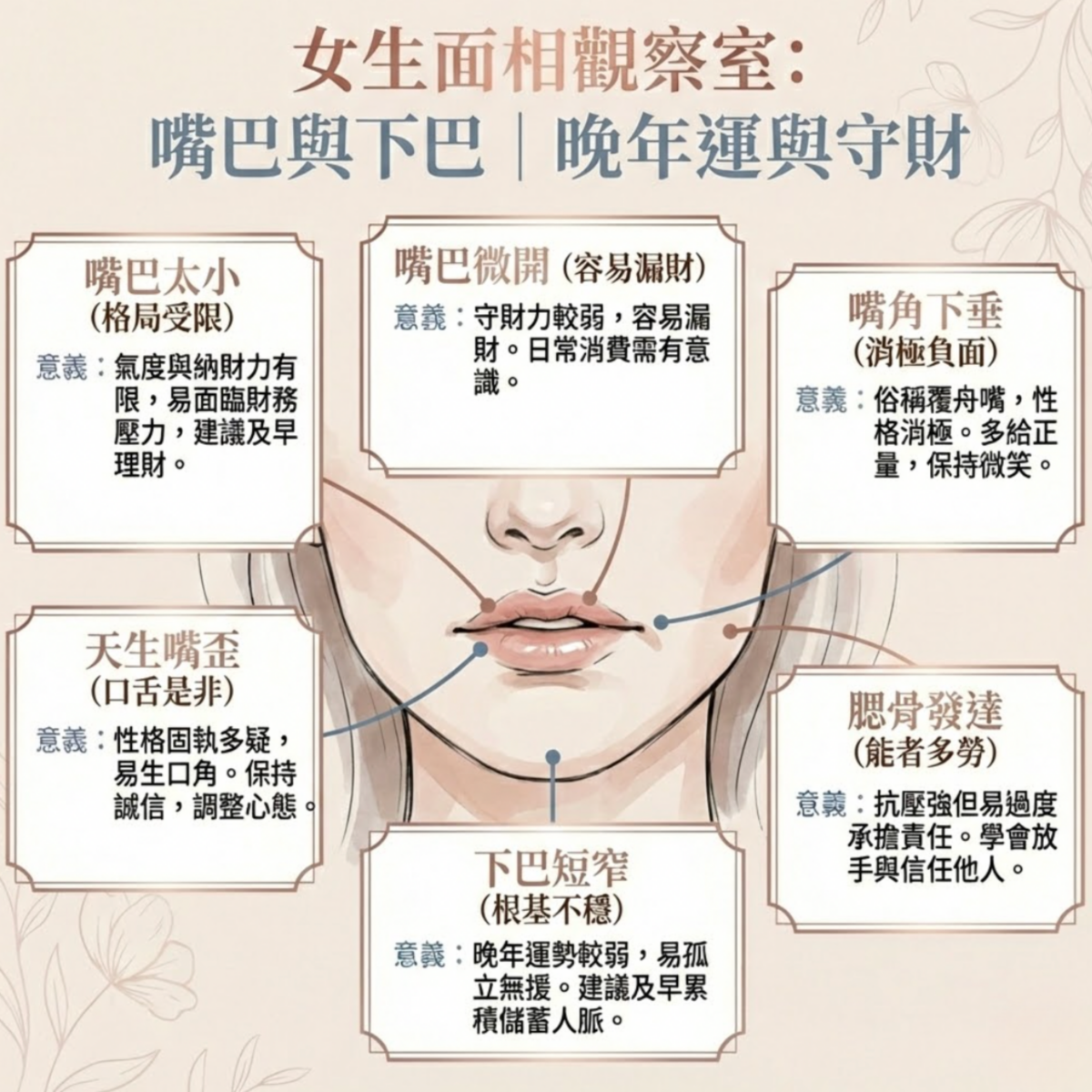 嘴巴與下巴象徵中晚年運與守財能力，是判斷能否享清福的重要關鍵。