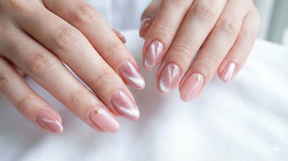 貓眼美甲利用磁吸效應創造出的獨特光暈,賦予了粉色一種深邃而靈動的寶石質感。