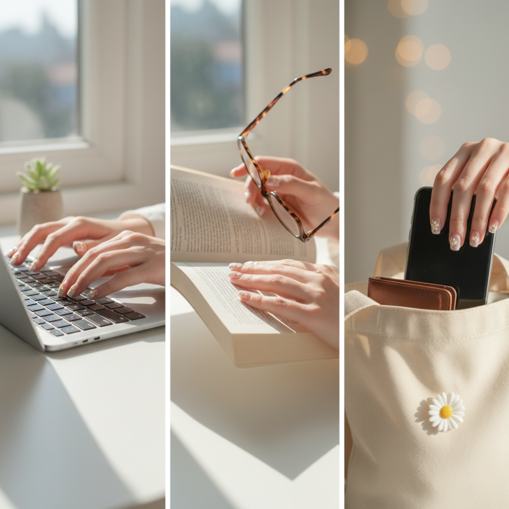 清新雛菊Gel甲以粉色或透白底搭配小雛菊與花蕊小鑽，甜美減齡又不易撞款，展現清新鄰家氣質。