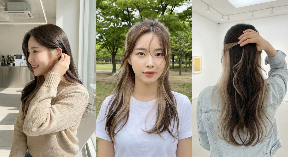 珍珠米白內餡染在自然髮色內層加入柔和珍珠白，低調又顯白，是學生黨與初次挑染者的理想選擇。