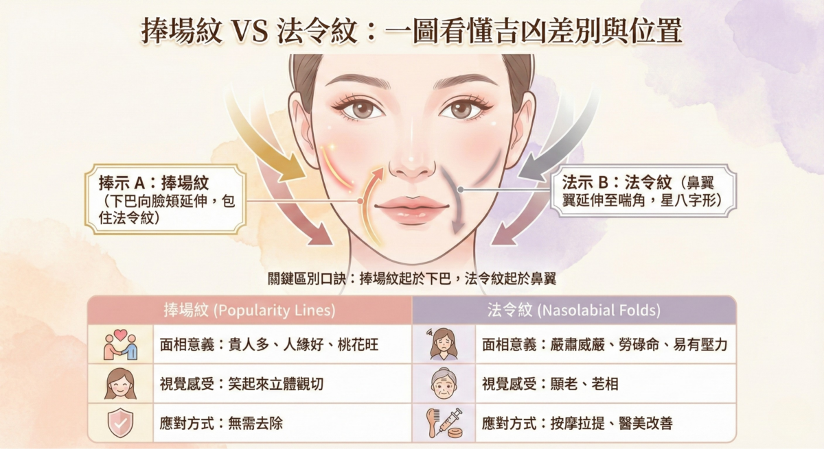 捧場紋與法令紋的位置區別示意圖,解析兩者在面相學上的吉凶意義、出現年齡及改善方式對比。