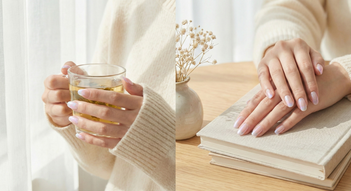 極光法式指甲以透明底色搭配粉紫極光邊與細閃,呈現自然清透的夢幻星光,風格低調甜美且具高級感。