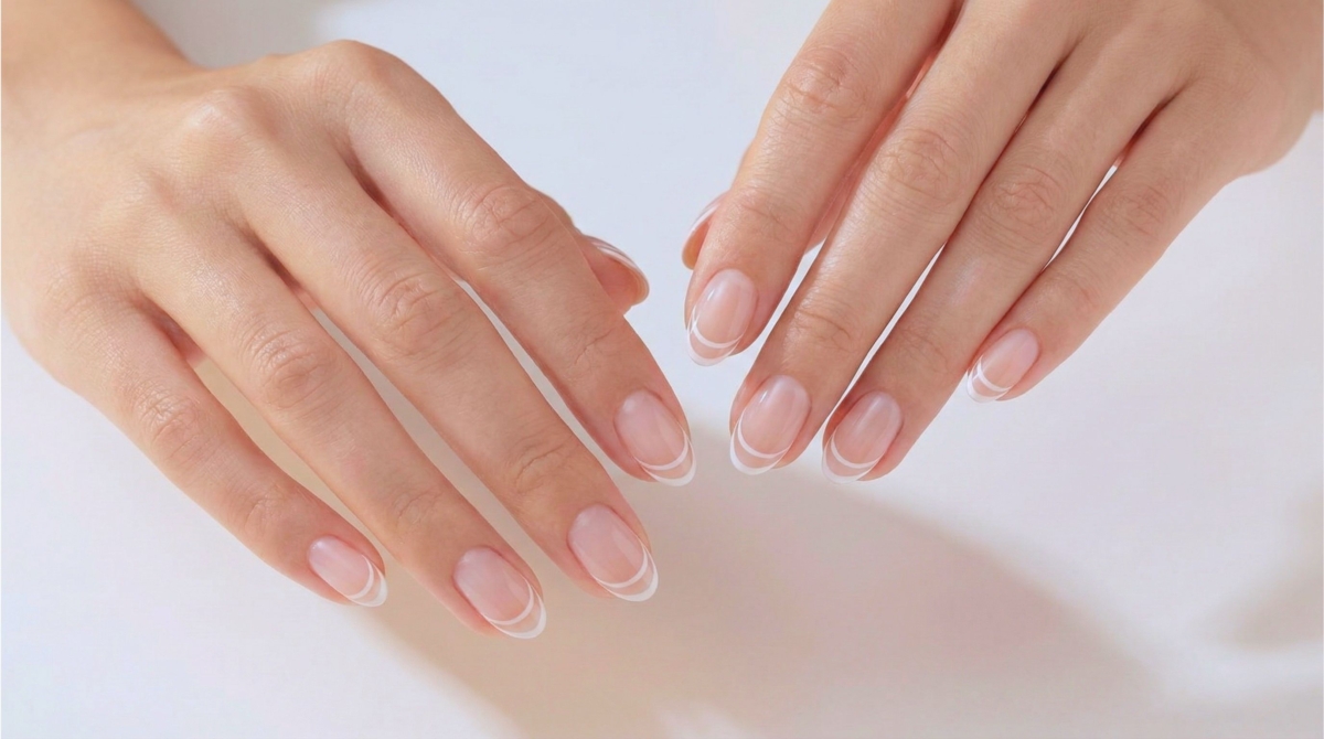 圖中為雙層法式美甲款式,這款設計非常適合追求細節、不甘於平凡的時尚愛好者,在姊妹下午茶或逛展覽時,能為素色穿搭增添一抹精緻的藝術亮點。