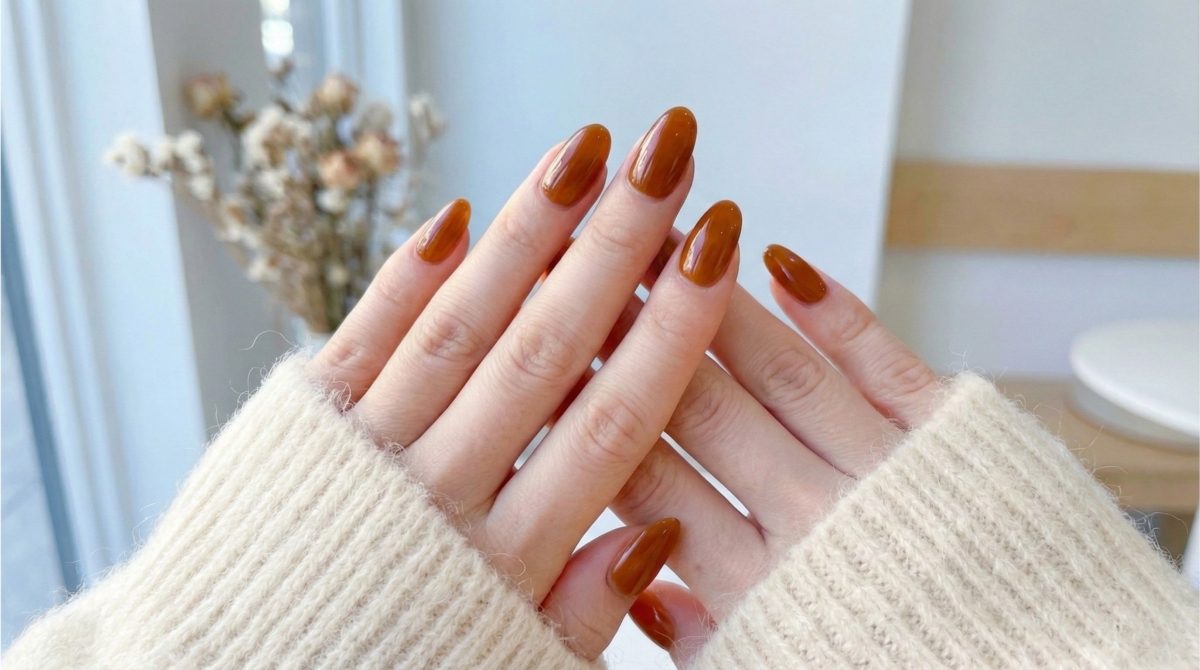這款美甲彷彿將液態的琥珀凝結於指尖,散發出無攻擊性的親和力,完美詮釋了秋天的溫柔面貌。