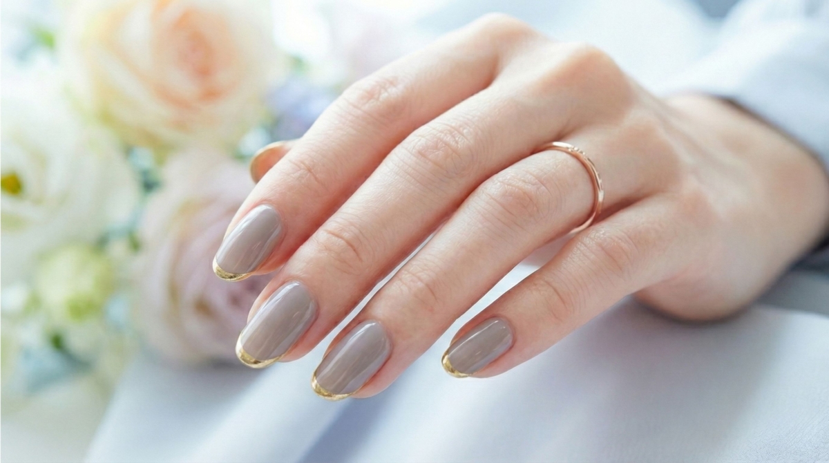 圖中展示的是經典金邊法式美甲款式,它將傳統的白邊替換為鏡面金、太空銀或玫瑰金的細緻包邊。