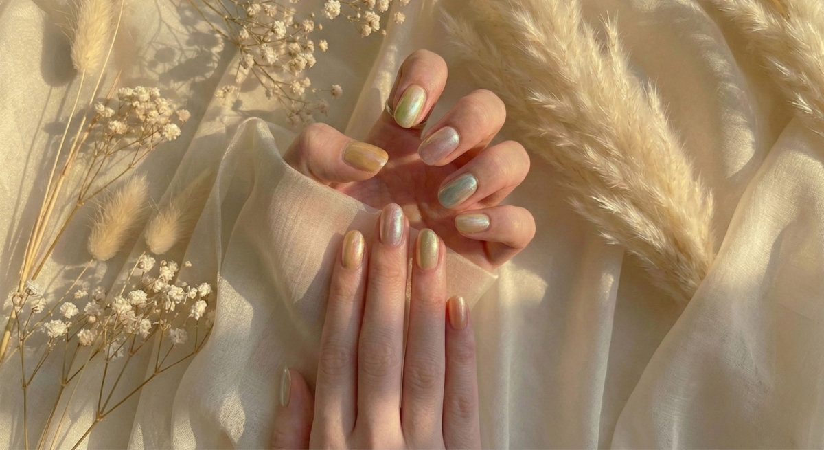 圖中的珠光美甲追求的是像絲綢、珍珠母貝那樣細膩的偏光光澤。這種極簡卻不簡單的質感,意外地非常百搭。