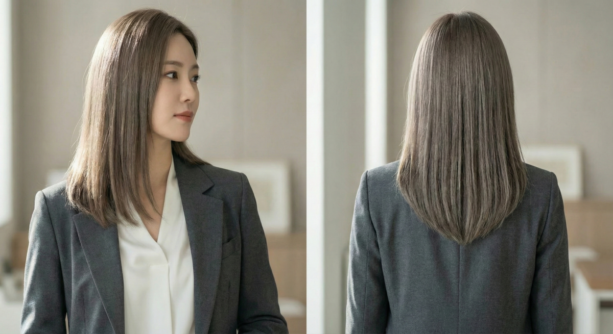 這款髮色不需漂髮即可呈現「高級冷淡風」，非常適合搭配極簡穿搭或俐落西裝，是職場女性提升專業感又不失時髦度的首選。