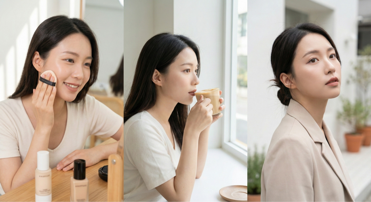 半霧光底妝結合霧面與微光柔潤,打造自然柔焦、輕透無瑕的韓系Mood Palette高級妝感。