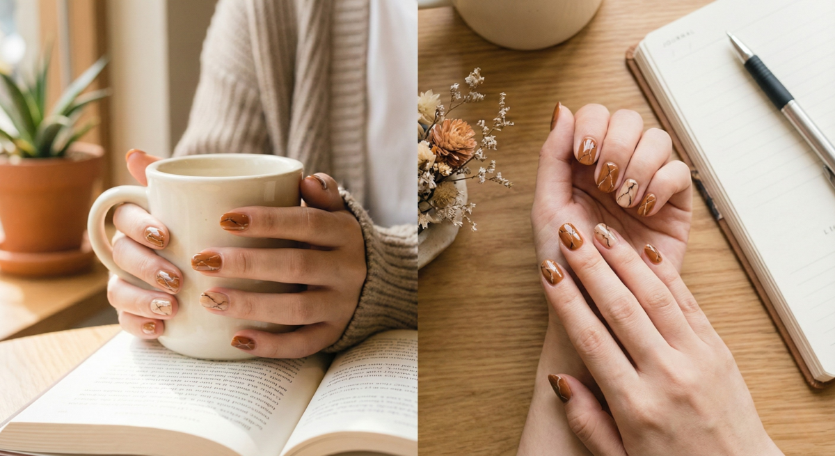 以焦糖棕底色融合擬真龜裂石紋，呈現兼具微野性與精緻層次的個性指尖藝術。