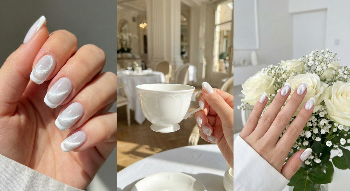 法式白貓眼光療指甲以柔白底色與銀色磁粉打造層次光澤,低調優雅,婚禮與日常皆適合。