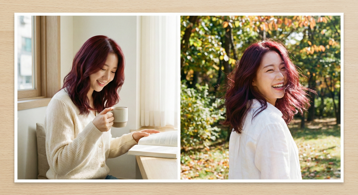 安可拉紅免漂顯白髮色，融合深紅與微紫調，顯白提亮、修飾暗沉，打造成熟高級又浪漫氛圍感。