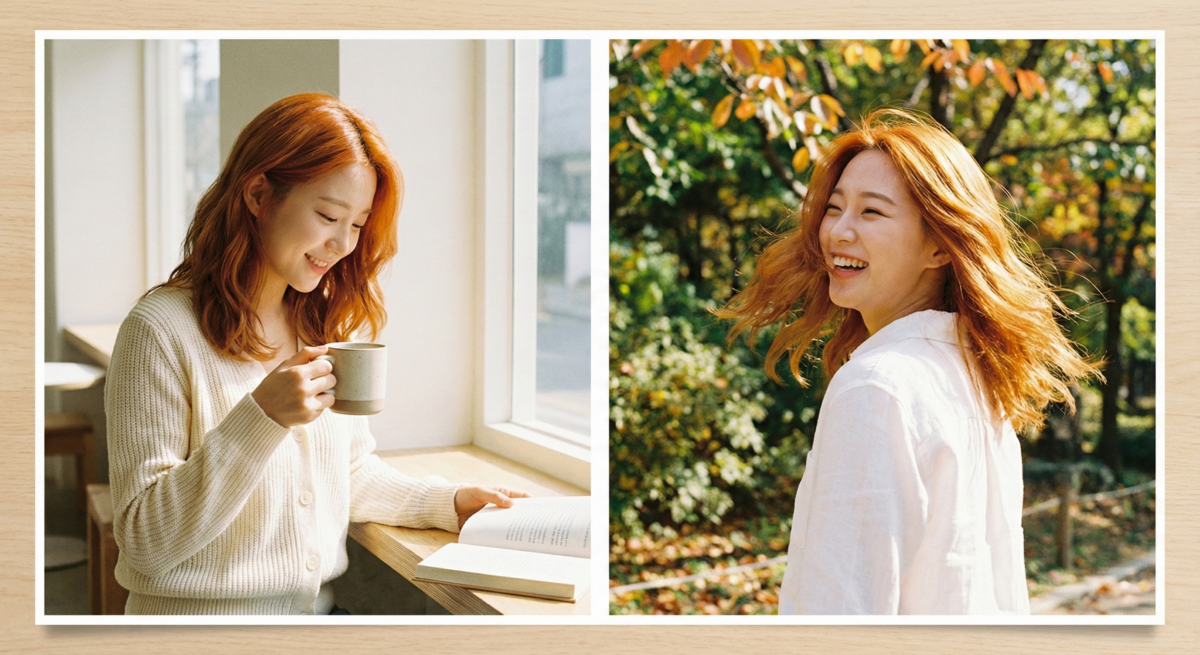 蜜桃棕色免漂顯白髮色，高顯色度帶橘調，瞬間提亮膚色，營造活潑韓系亮眼氣息。