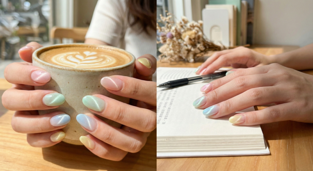 「貓眼粉彩」透明感美甲以粉彩跳色搭配柔和光暈，低調夢幻又耐看，能有效提升整體氣質。