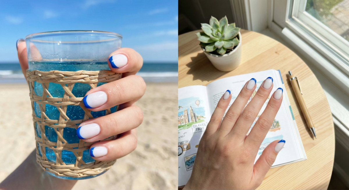 「藍色法式」以純淨奶白結合清爽藍色線條，營造夏日海洋氣息，對比顯白又俐落，是度假出遊最上鏡的選擇。