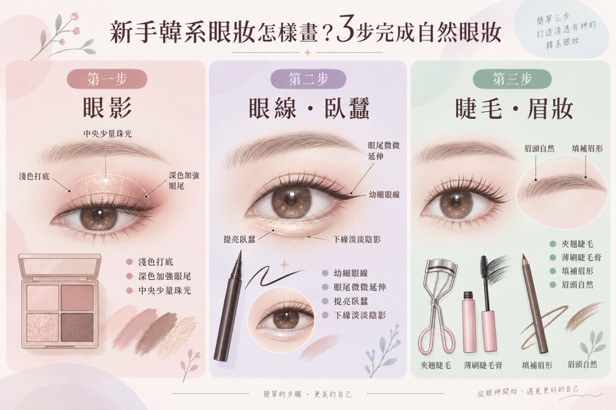 新手韓系眼妝3步自然畫法流程圖，包含眼影打底加深、眼線臥蠶劃分與睫毛眉毛整理對照。