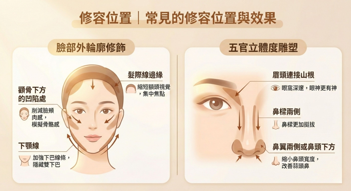 這組修容教學圖表涵蓋了「依臉型修容技巧」與「常見修容位置」兩大重點。針對臉型，建議圓臉由耳下往嘴角斜向修容以拉長比例，長臉修飾髮際線與下巴邊緣來縮短臉長，方臉需柔化突出的下顎線與顴骨，鵝蛋臉則輕掃增強立體感即可。在修容位置上，圖表進一步區分為「外輪廓修飾」與「五官雕塑」：外輪廓透過修飾髮際線、顴骨凹陷處與下顎線來縮小臉型與隱藏肉感；五官則透過加深眉頭山根、鼻樑兩側與鼻翼，達到眼窩深邃與鼻型挺拔的視覺效果。