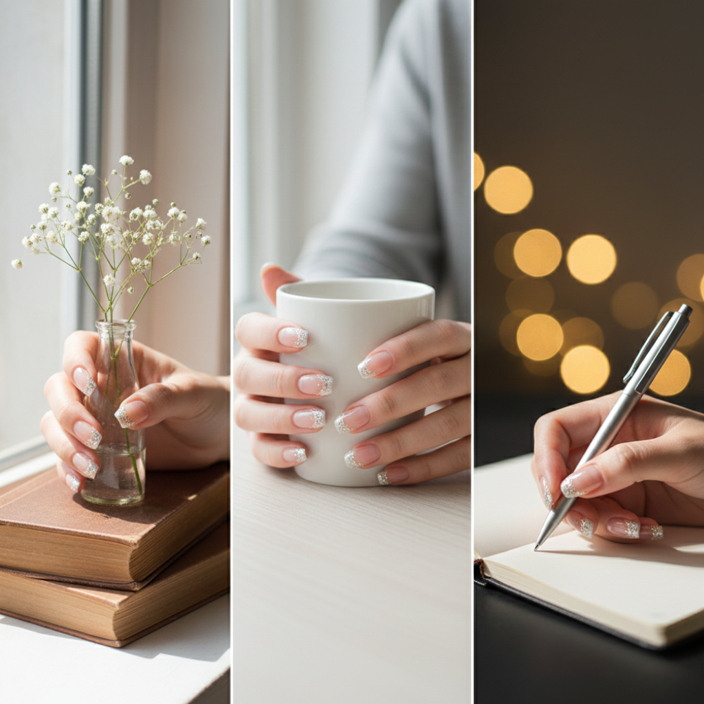 鏡面法式Gel甲以半透底搭配金屬光澤指尖，打造低調卻奢華的碎鑽質感，甜美優雅又超顯白。