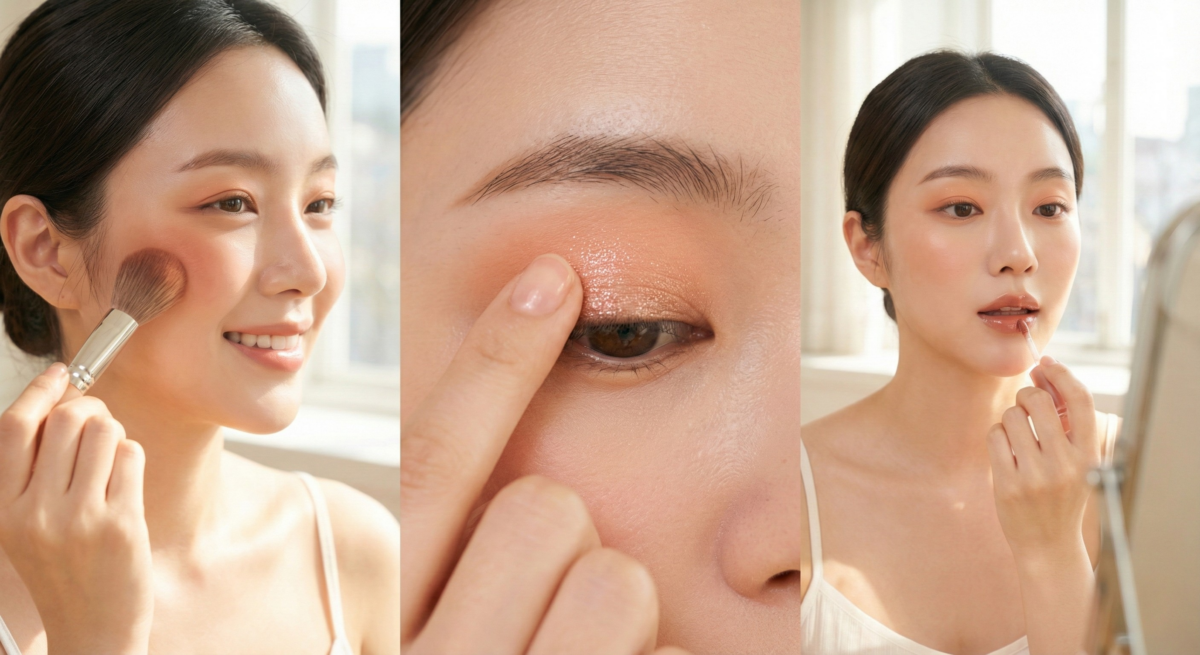 蜜桃清新妝依序從帶紫調妝前打底、薄擦粉底、自然眉彩、杏桃眼影與柔和眼線、腮紅到奶茶或裸色唇彩,打造清新甜美且自然透亮的妝容。