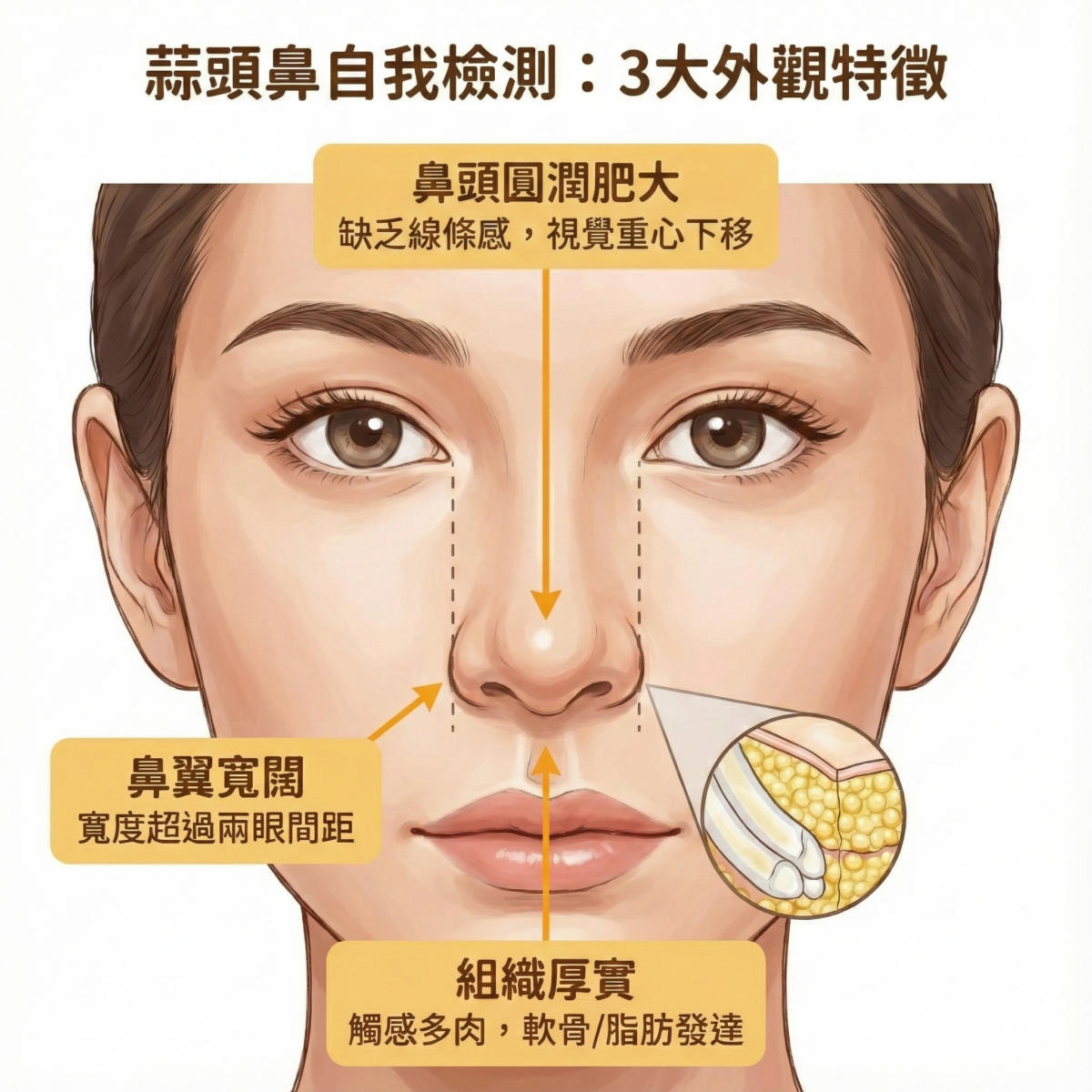 「蒜頭鼻自我檢測」圖表,展示了蒜頭鼻蒜頭鼻3大外觀特徵。