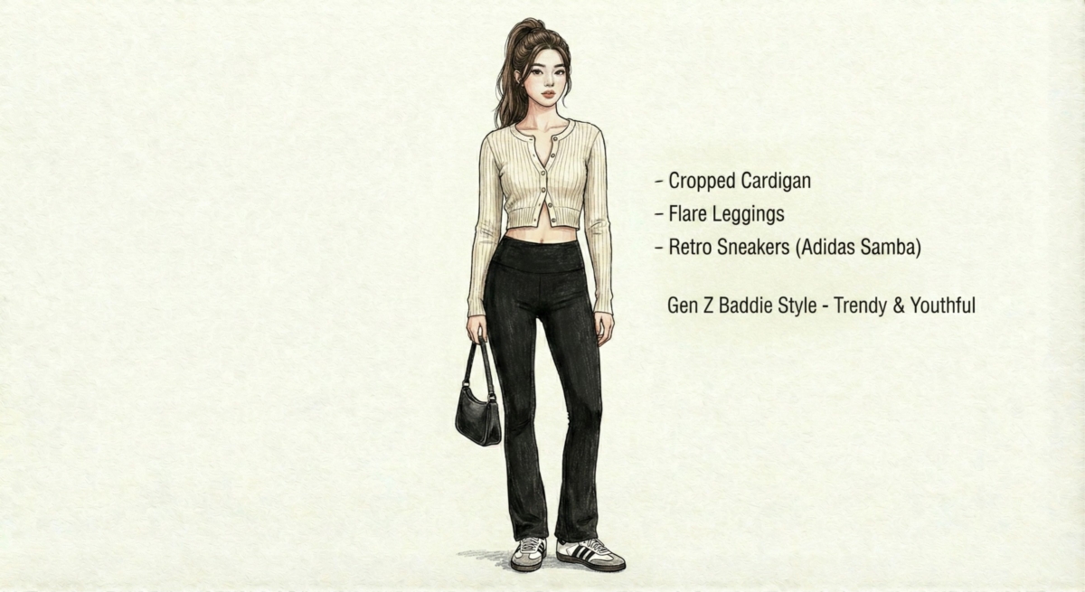 一張時尚插畫,展示了一位女性身穿「Z 世代辣妹風格」的穿搭。她穿著米色短版針織開衫,露出腹部線條,搭配黑色喇叭緊身褲和復古運動鞋(Adidas Samba 款式),手提黑色腋下包。圖片文字描述此風格為「潮流且年輕」(Trendy & Youthful)。