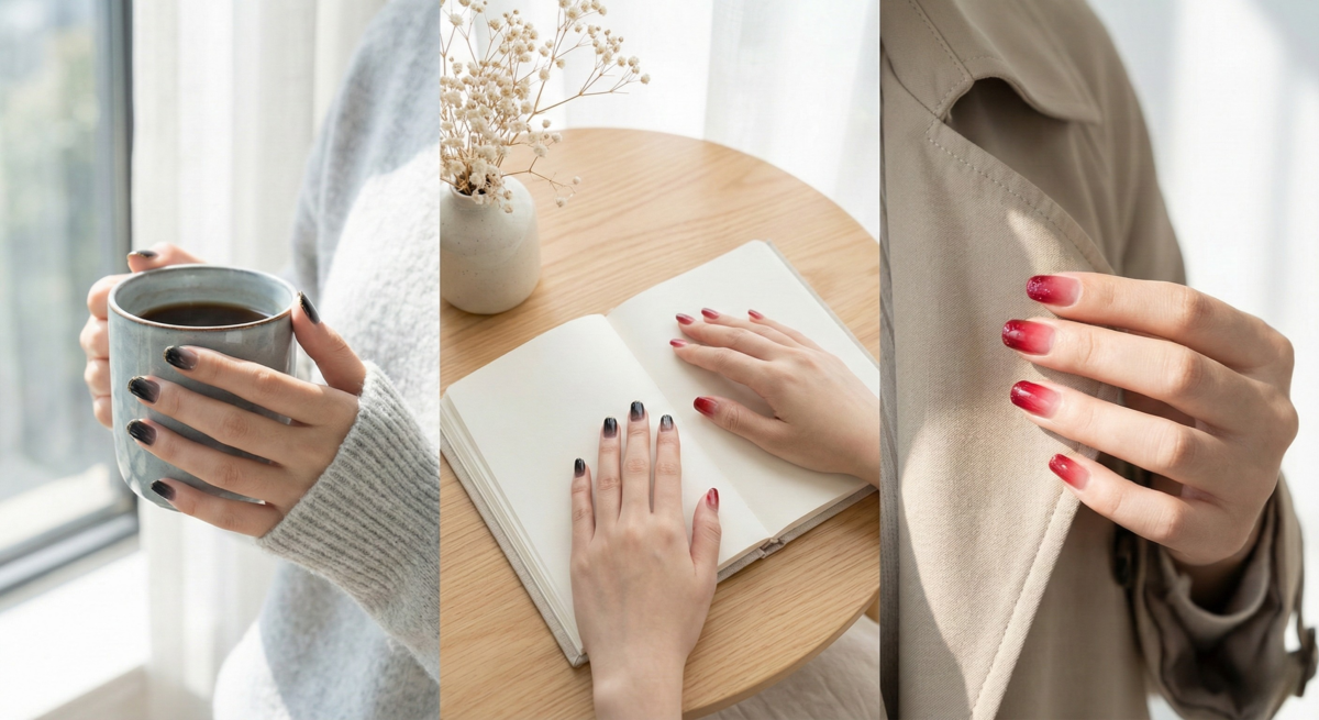 撞色鴛鴦漸層美甲以左右手強烈對比色呈現前衛時尚感,搭配金粉亮片增添華麗層次,是派對或酷女孩造型的必備個性款。