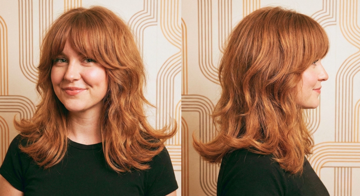 這款髮型在顴骨周圍保持厚實感，從頸部開始向外翻翹，通常會搭配兩側的窗簾式瀏海。它能精準平衡臉部比例。