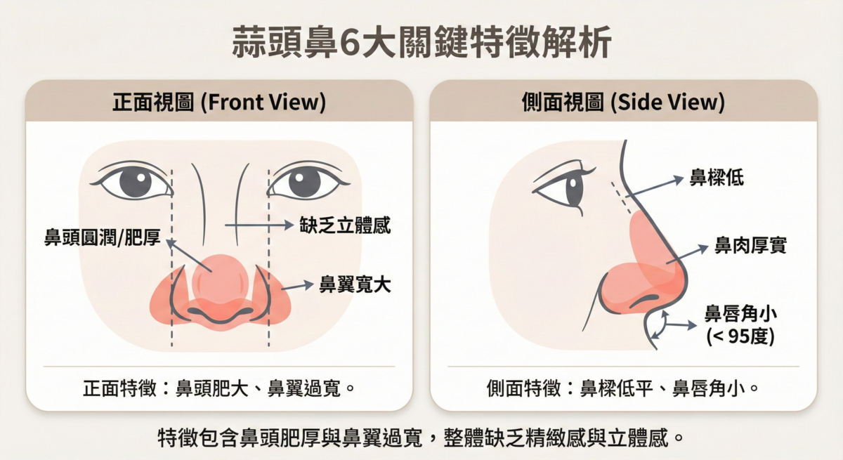 蒜頭鼻特徵解析圖表，展示正面與側面視角的關鍵特徵：鼻頭圓潤肥厚、鼻翼寬大超過眼頭、鼻樑低平缺乏立體感、鼻肉厚實以及側面鼻唇角角度過小。