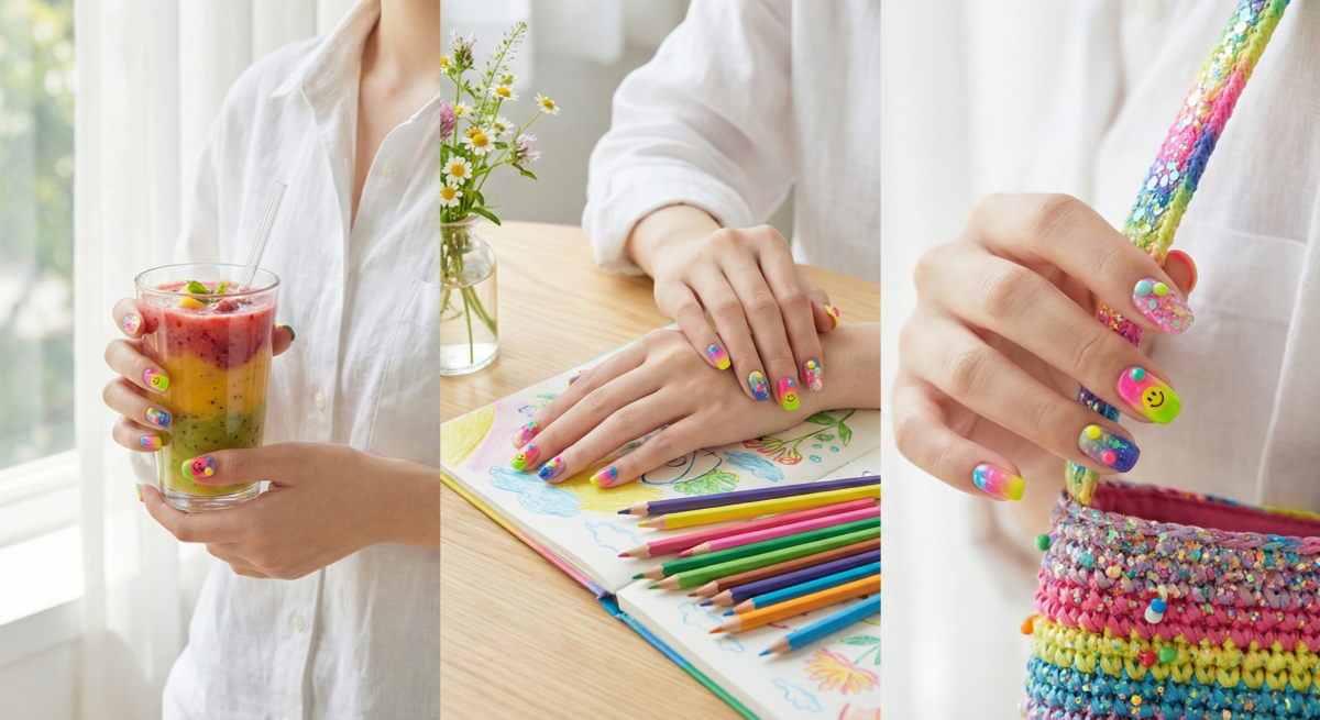 多巴胺漸層美甲將多種高飽和亮色交織成繽紛漸層,充滿活力與快樂能量,是適合搭配鮮豔休閒或度假造型的吸睛款式。