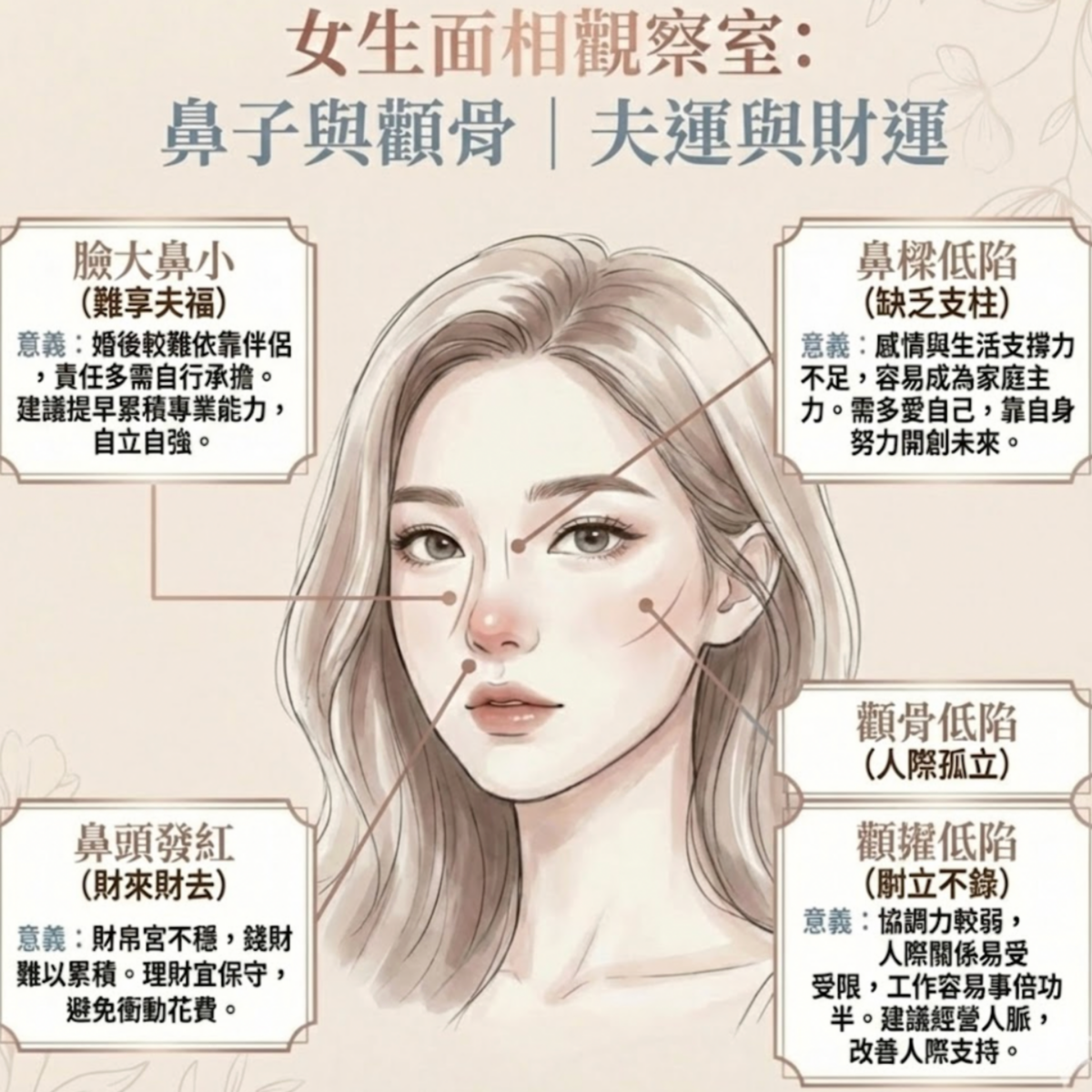 鼻子與顴骨關乎夫運與財運，是判斷女生面相福氣的重要關鍵。