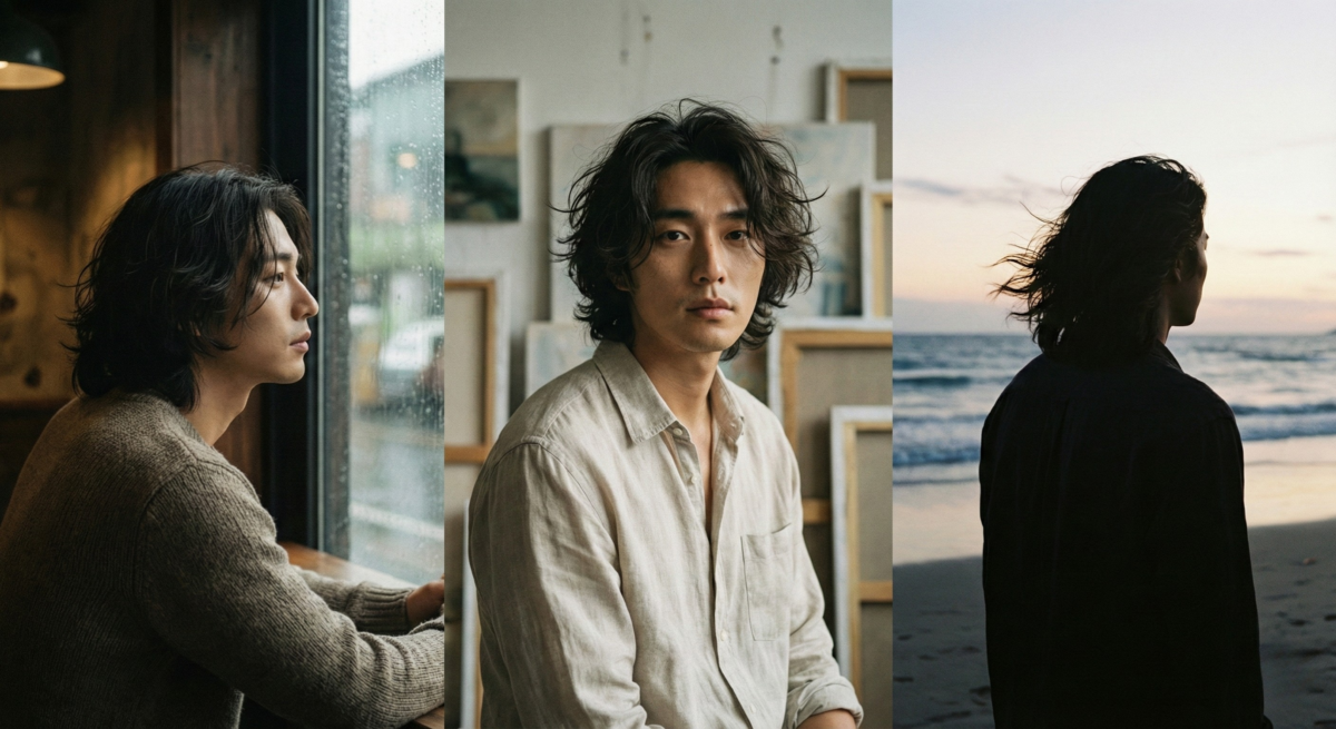 慵懶長髮以自然落肩與微亂髮絲打造輕鬆隨性的文青氣質，呈現沉穩又帶藝術感的浪子系魅力。