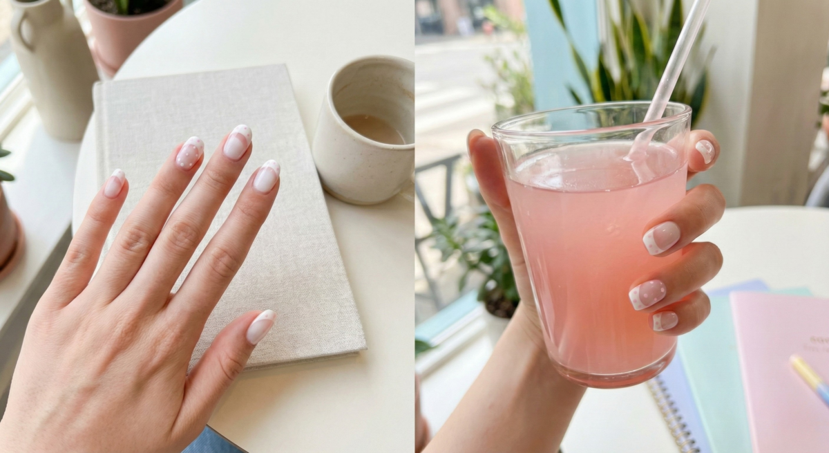 「法式波點」以溫柔奶白底搭配透粉邊與俏皮波點，營造韓系清新氛圍，乾淨百搭且好感度滿分，是通勤約會的完美選擇。