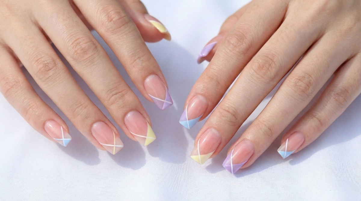 圖中展示的是可愛法式線條美甲款式,它以低飽和度的底色為畫布,透過細緻、流暢的線條進行點綴或分割。