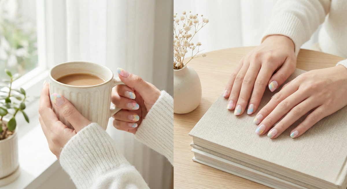 雲朵法式指甲以透白底色搭配柔和不規則幾何,展現如雲朵般療癒的藝術感,是充滿夢幻與少女活力的清新首選。