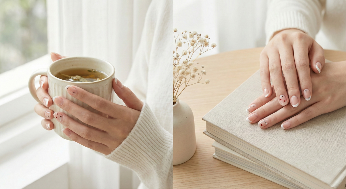 簡潔小圖案法式指甲以圓點或線條點綴，巧妙融合優雅與型格玩味，展現低調高級且百搭的精緻美感。