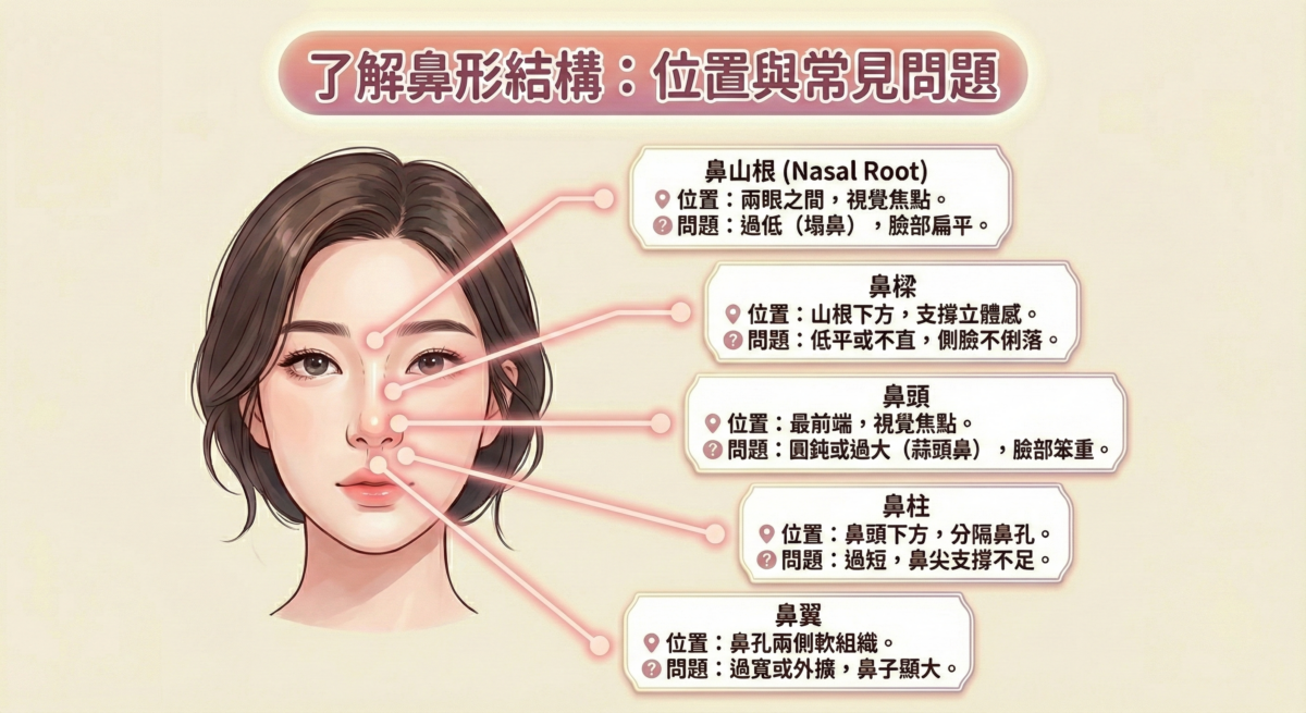 鼻型調整的關鍵在於鼻山根、鼻樑、鼻頭、鼻柱與鼻翼五個部位的比例平衡，而非單純追求高度。