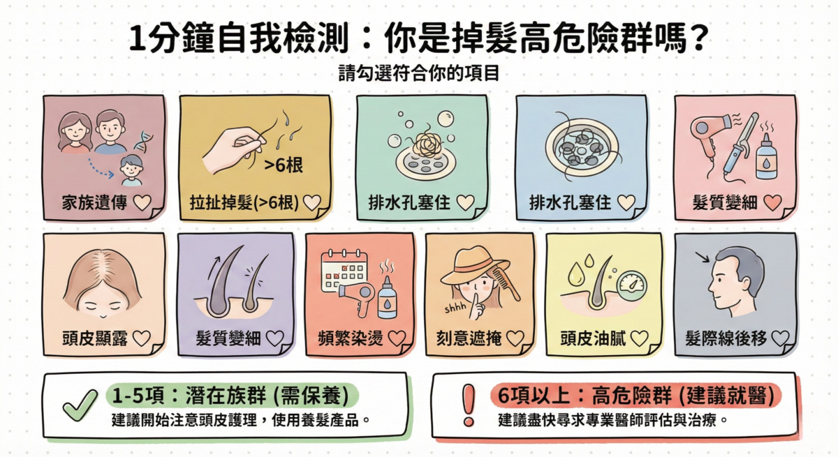 頭髮稀疏自我檢測表,包含拉扯測試、排水孔掉髮量、頭皮出油等9大掉髮前兆自我檢查清單。