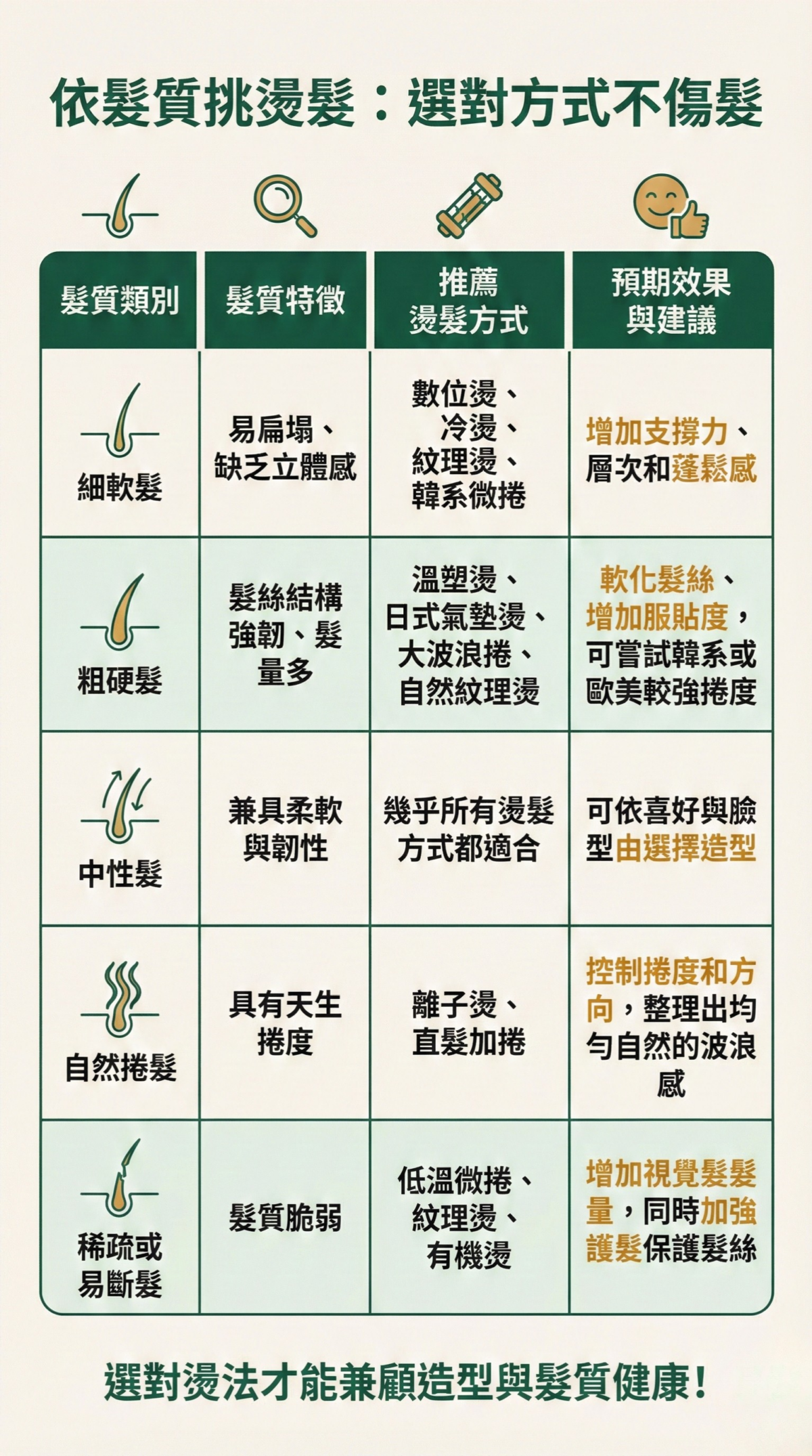 依髮質挑燙髮圖表：展示不同的髮質特徵，並列出推薦燙髮方式、預期效果與建議。