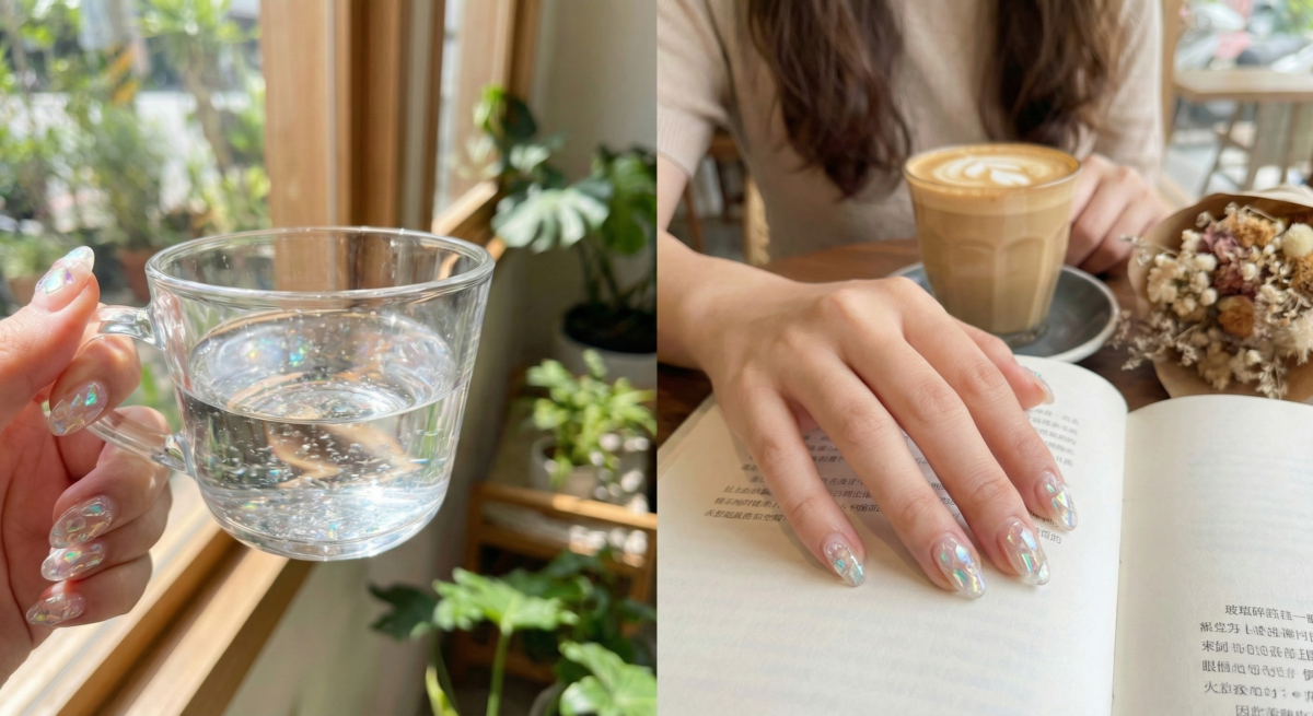 「玻璃碎石」透明感美甲以透明底色搭配不規則切面設計，在光線折射下閃耀晶透光澤，風格百搭又優雅氣質。