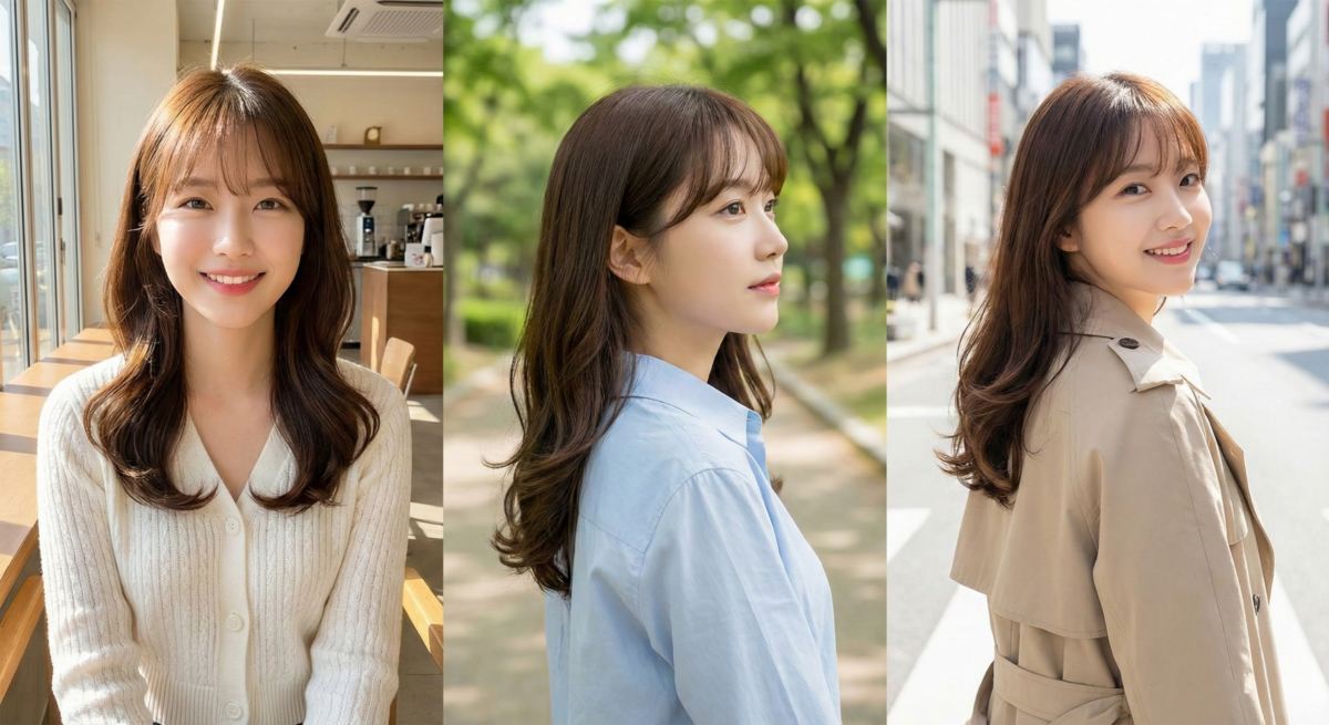 C字捲中長髮配法式瀏海，鎖骨長度內彎髮尾修飾臉型，打造溫柔鄰家感又減齡的造型。