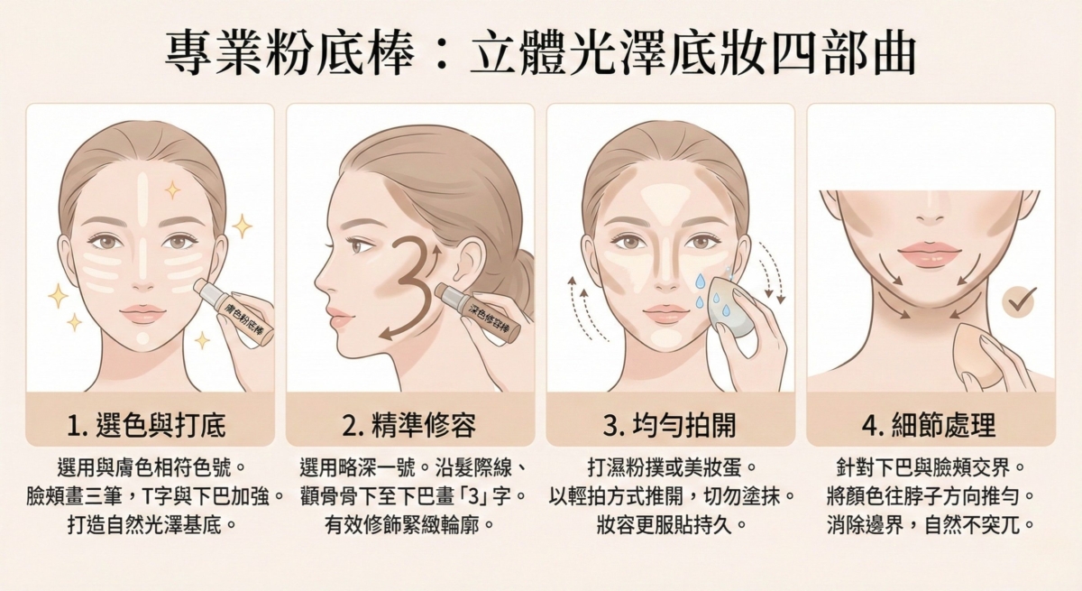 一張關於粉底棒與修容棒的使用教學圖,解析了 4 大關鍵步驟:從選色打底、畫出「3」字型修容、使用美妝蛋輕拍暈染,到最後的頸部邊界細節處理,打造立體光澤底妝。