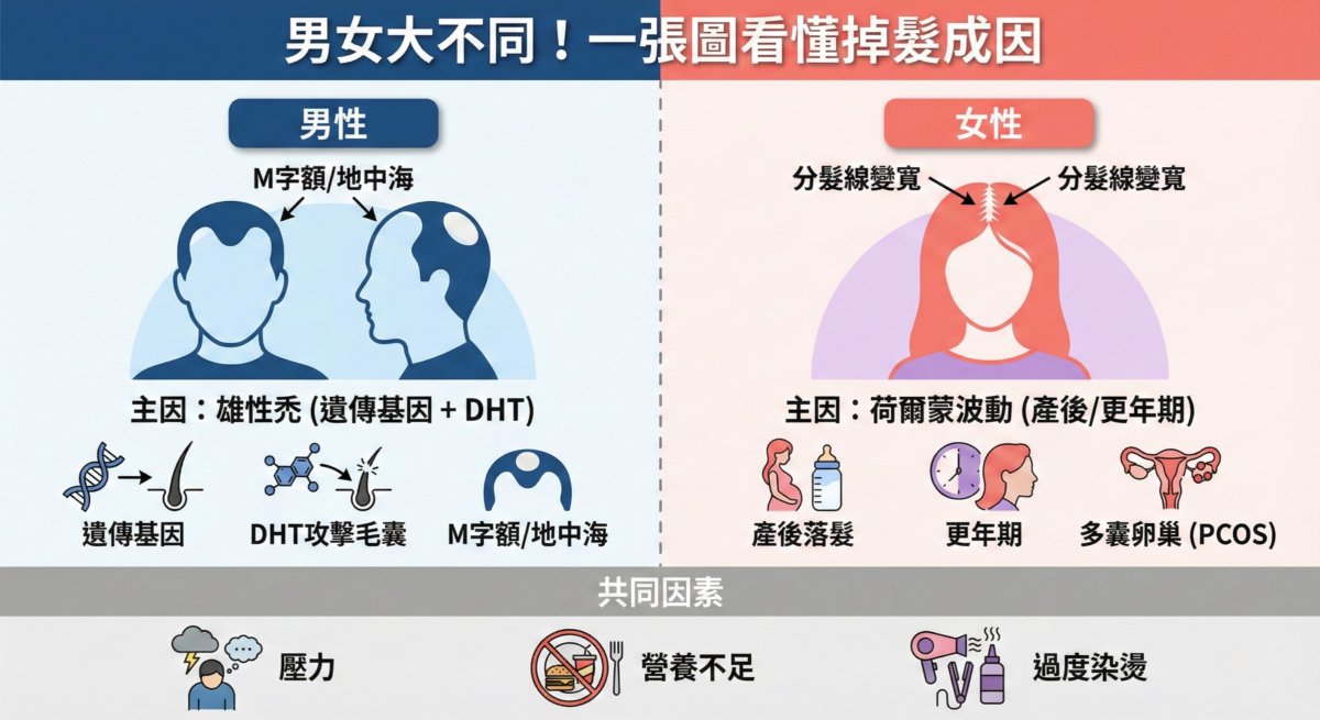 男女頭髮稀疏成因比較圖,分析雄性禿、荷爾蒙變化、產後落髮與生活習慣對掉髮的影響。