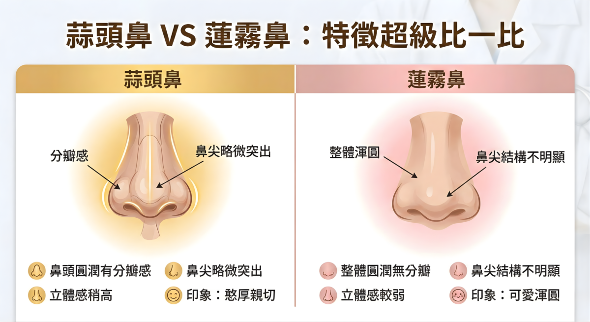 「蒜頭鼻與蓮霧鼻特徵」比較圖表:分別對比兩種鼻型的視覺差異與給人的印象。